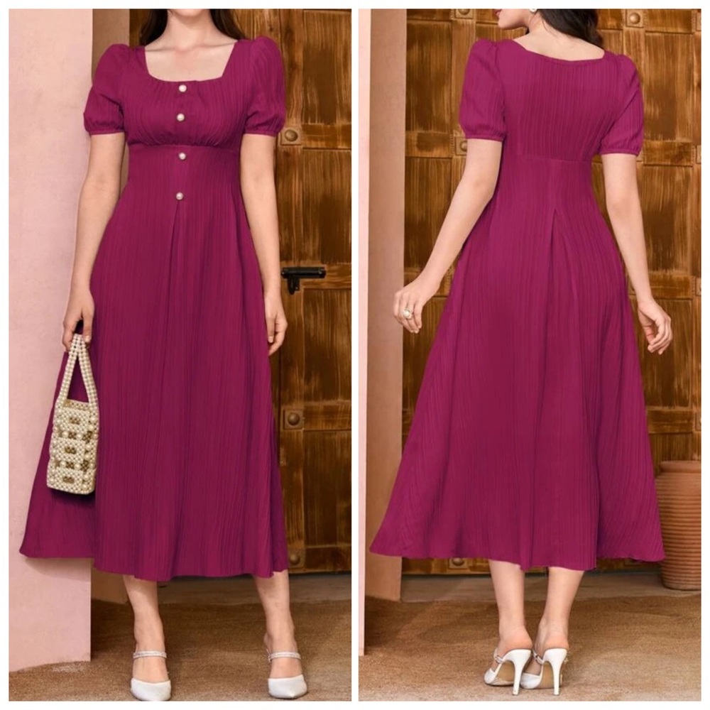 NEW Shein Mulvari Square Neck Puff Sleeve Button Front A-Line Dress. Size L